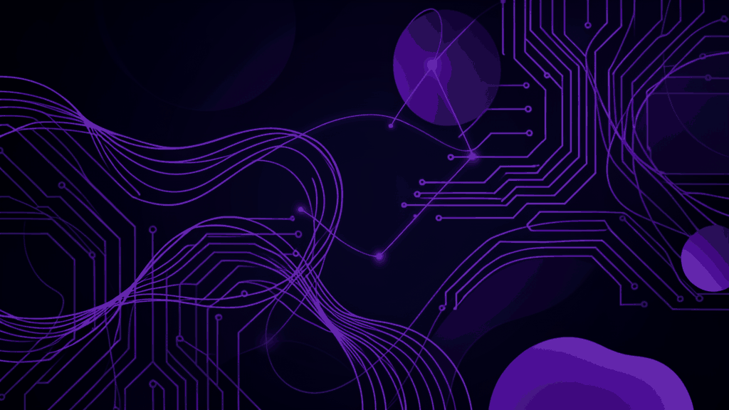 Abstract AI writing capability concept with neural patterns and circuit motifs in purple on dark navy background