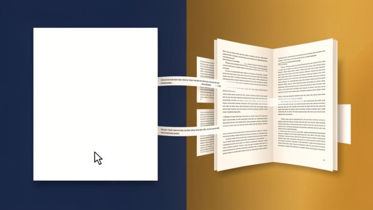 Blank page transforming into filled manuscript - overcoming writers block with AI
