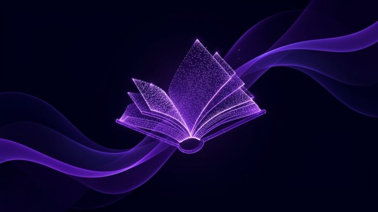 Abstract art with flowing purple shapes and light particles representing Amazon KDP book publishing and digital book transformation