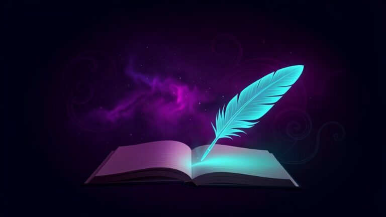 AI write my novel: an open notebook with a glowing cyan quill and purple story-glow, abstract dark featured image