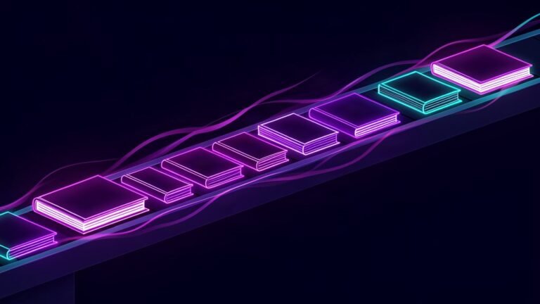 Automateed and BookBud AI book generator reviews, books on a glowing production line, abstract dark theme
