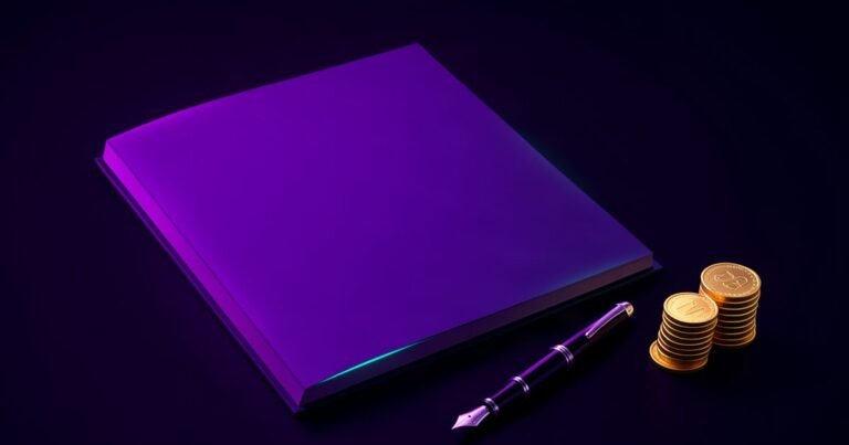 Ghostwriting cost in 2026: a blank manuscript page beside a fountain pen and stacks of coins, glowing purple and cyan, abstract featured image