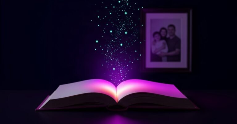Memoir ghostwriter cost: an open memoir book glowing with purple and cyan light, sparkles rising from its pages, abstract featured image