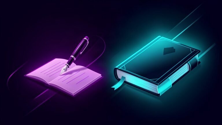 Sudowrite vs a done-for-you book writing service, pen and draft versus finished book, abstract dark theme