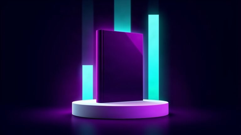 Write a book to grow my business: a hardcover book on a pedestal of light with rising growth beams, abstract dark featured image