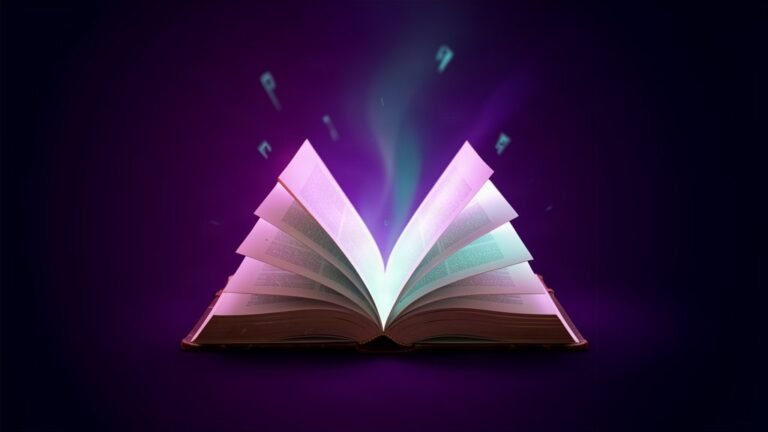 Write my memoir: an open book glowing with purple and cyan light, abstract dark theme featured image