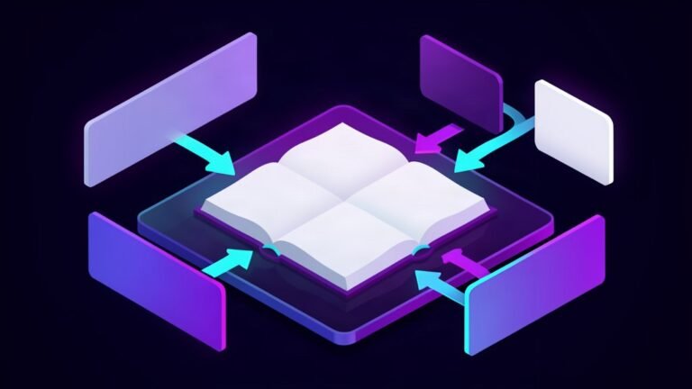 An open book with translation arrows between floating language panels