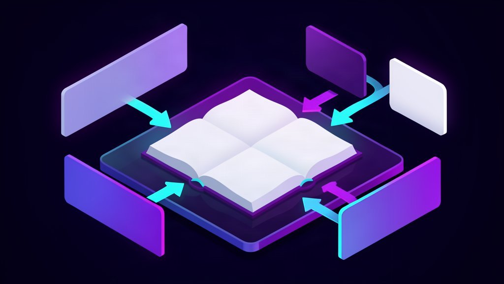 An open book with translation arrows between floating language panels