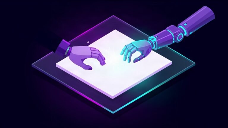 A human hand and robotic hand collaborating over a blank manuscript