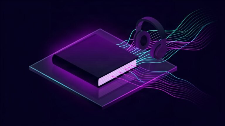 A book transforming into sound waves with headphones, audiobook production concept