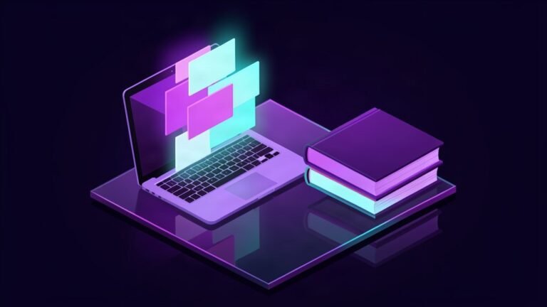 A laptop with article cards assembling into a published book